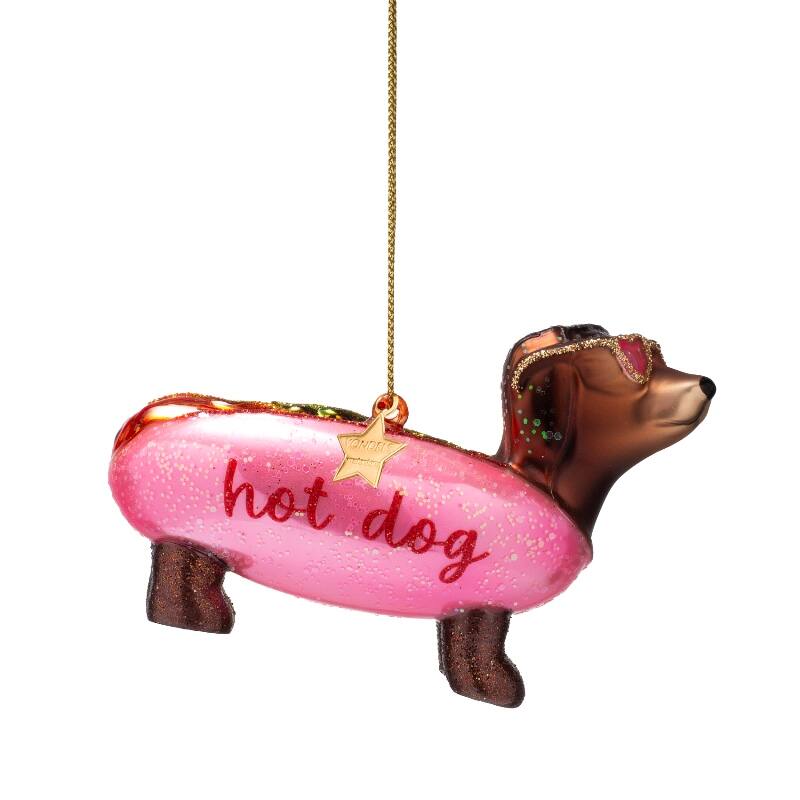 Mundgeblasener Weihnachtsbaumanhänger pink hotdog dachshund