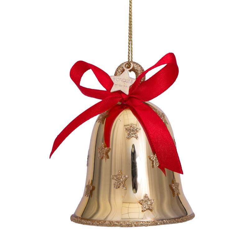 Mundgeblasener Weihnachtsbaumanhänger shiny gold bell with bow