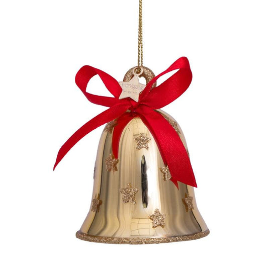 Mundgeblasener Weihnachtsbaumanhänger shiny gold bell with bow